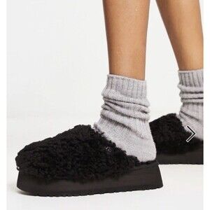 UGG Maxi Curly Platform Slipper Black Wool Blend Slip-On Lined Slippers Size 7